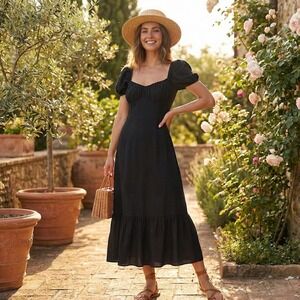 Reformation Black Puff Sleeve Maxi‎ Dress Sweetheart Neck Cottagecore Size Small